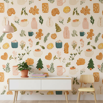 Cream Festive Treats and Foliage Wallpaper