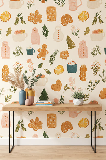 Cream Festive Treats and Foliage Wallpaper
