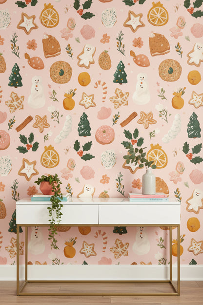 Pastel Pink Festive Treats Kids Wallpaper