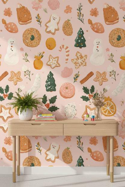 Pastel Pink Festive Treats Kids Wallpaper