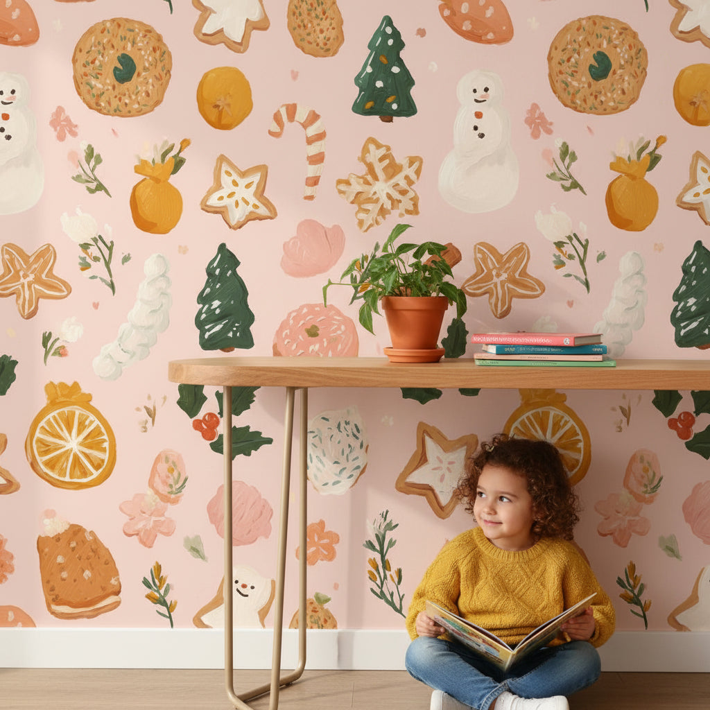 Pastel Pink Festive Treats Kids Wallpaper