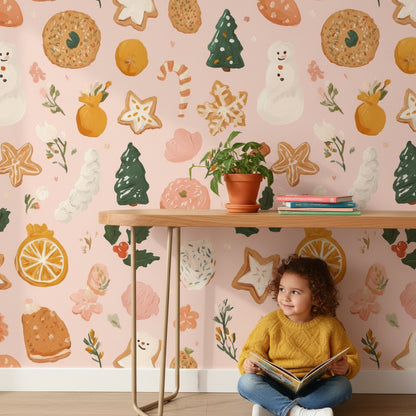 Pastel Pink Festive Treats Kids Wallpaper