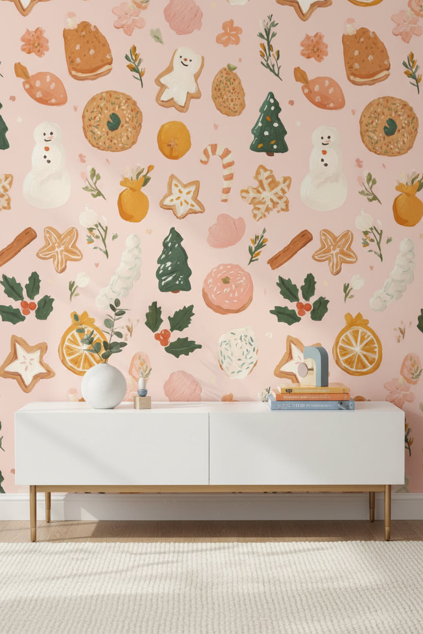 Pastel Pink Festive Treats Kids Wallpaper