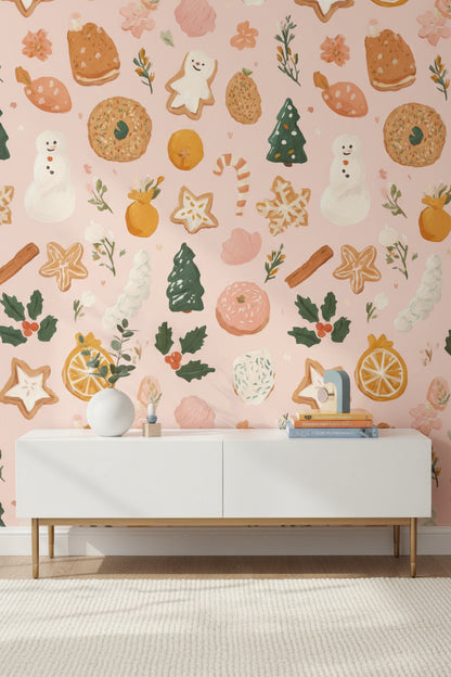 Pastel Pink Festive Treats Kids Wallpaper