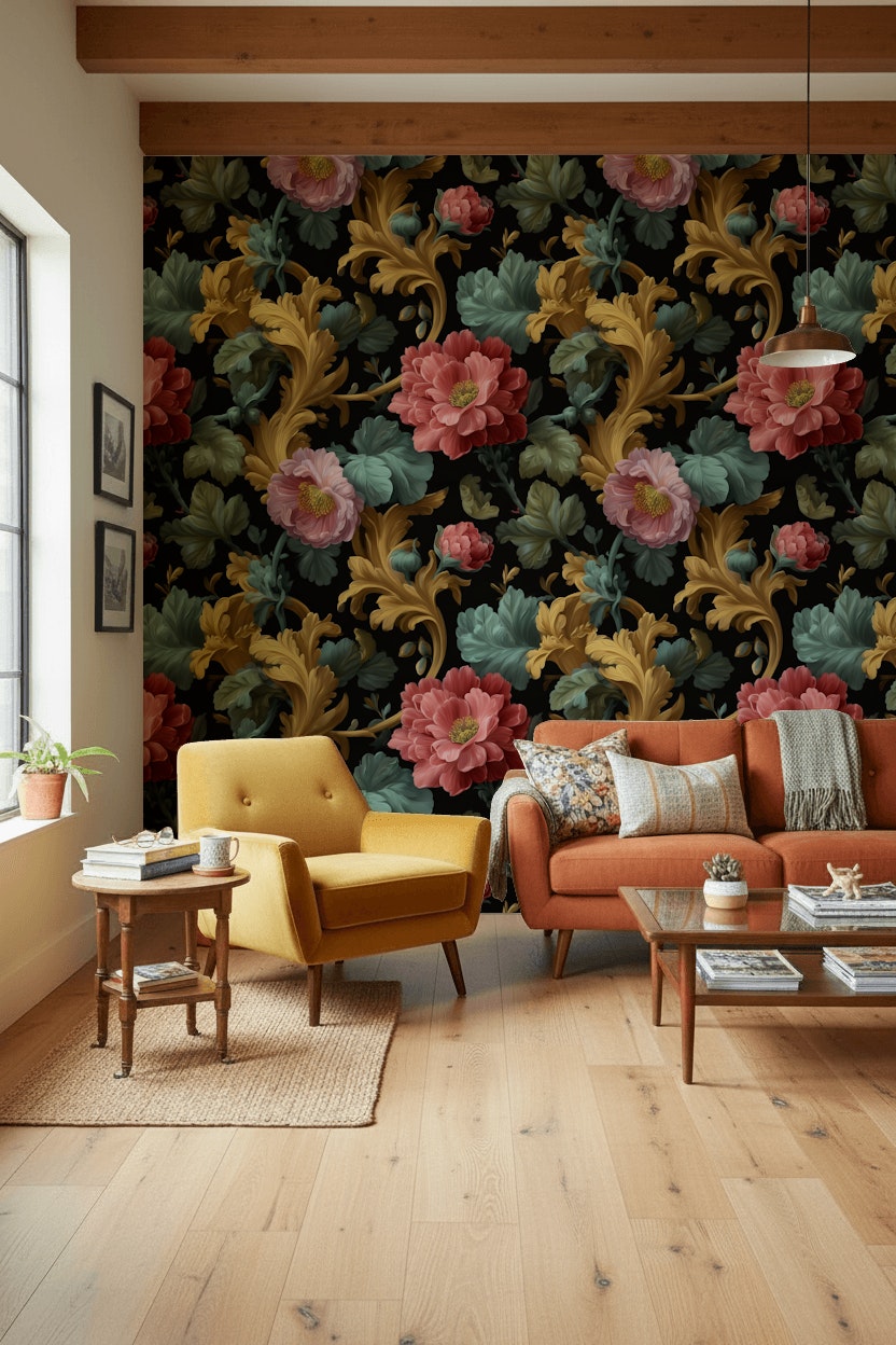Dark Black Floral Extravaganza Wallpaper