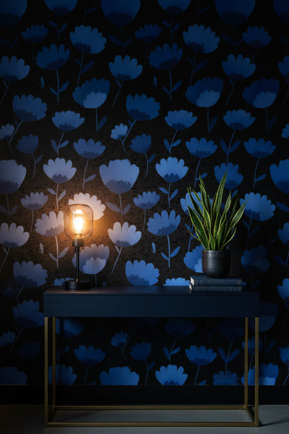 Deep Blue Floral Pattern on Black Wallpaper