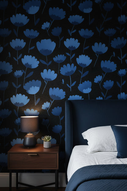 Deep Blue Floral Pattern on Black Wallpaper