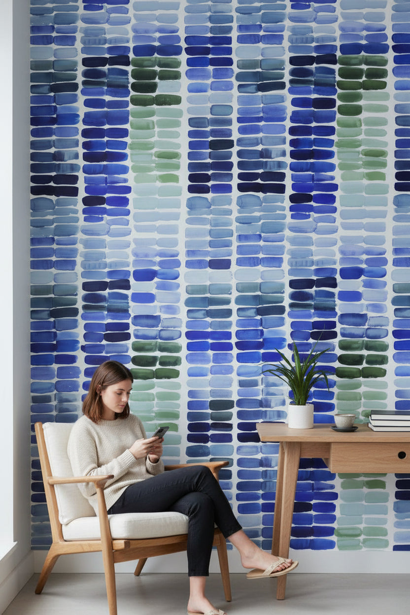 Geometric Wallpaper Abstract Removable Blue Wall Double Roll
