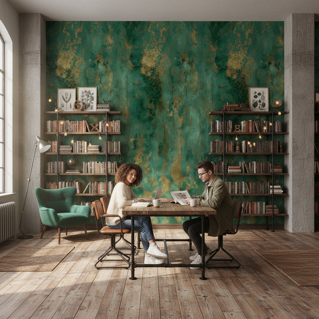 Textured Abstract Wallpaper Green Gold Decorative Mural