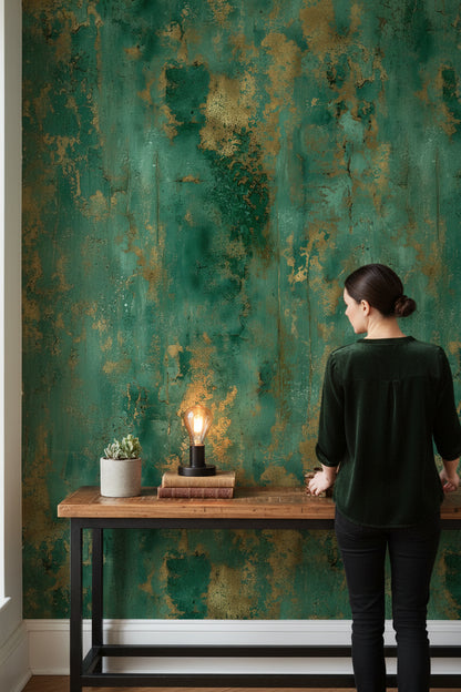 Emerald Green and Gold Look Abstract Texture Wallpaper