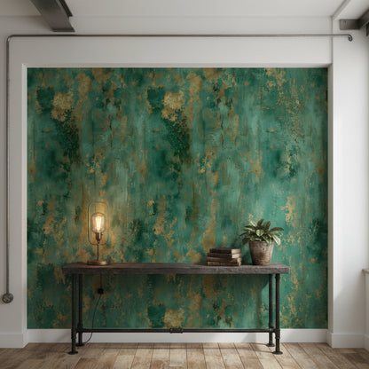 Emerald Green and Gold Look Abstract Texture Wallpaper
