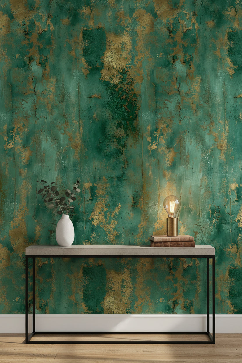 Emerald Green and Gold Look Abstract Texture Wallpaper