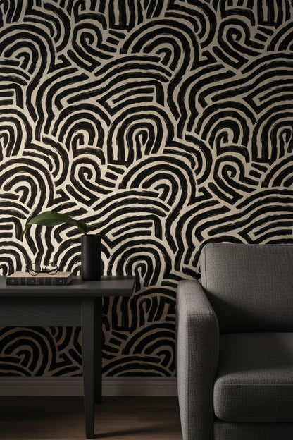 Bold Black and Beige Abstract Pattern Wallpaper