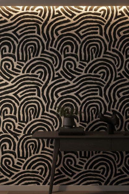Bold Black and Beige Abstract Pattern Wallpaper