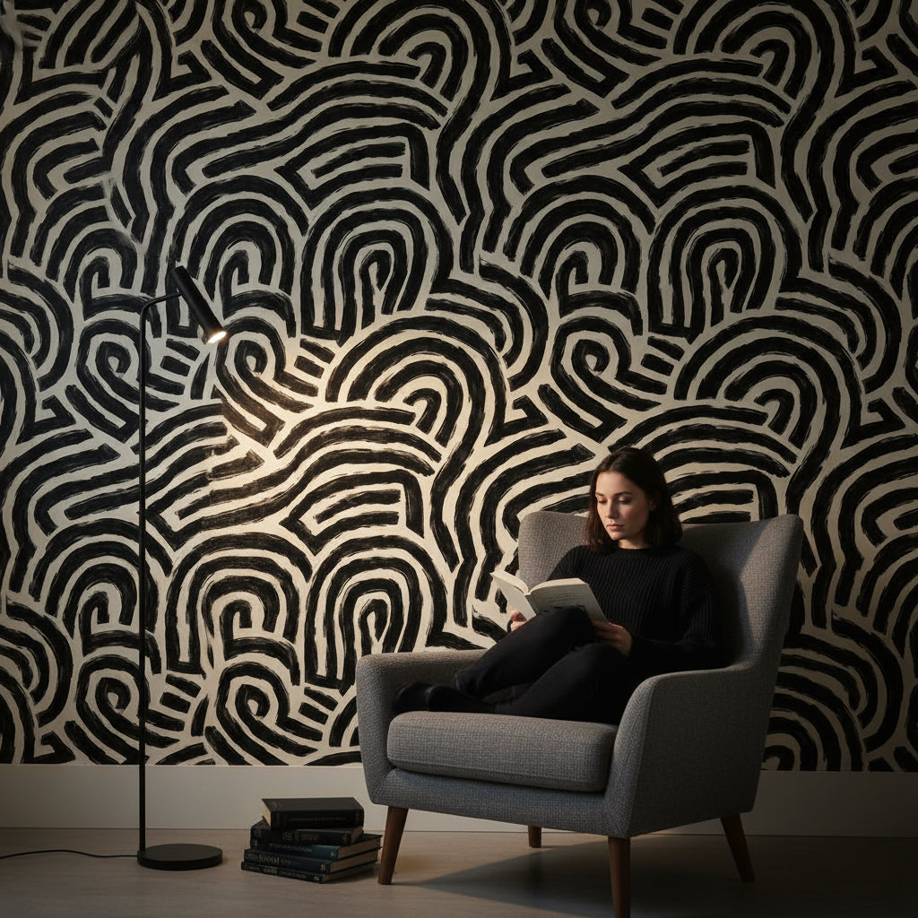 Bold Black and Beige Abstract Pattern Wallpaper