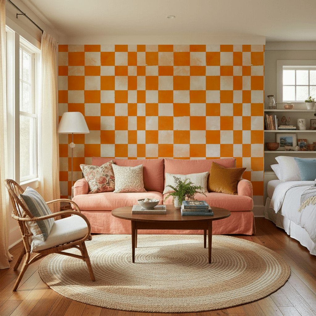 Checkered Wallpaper Orange Geometric Removable Wall Decor