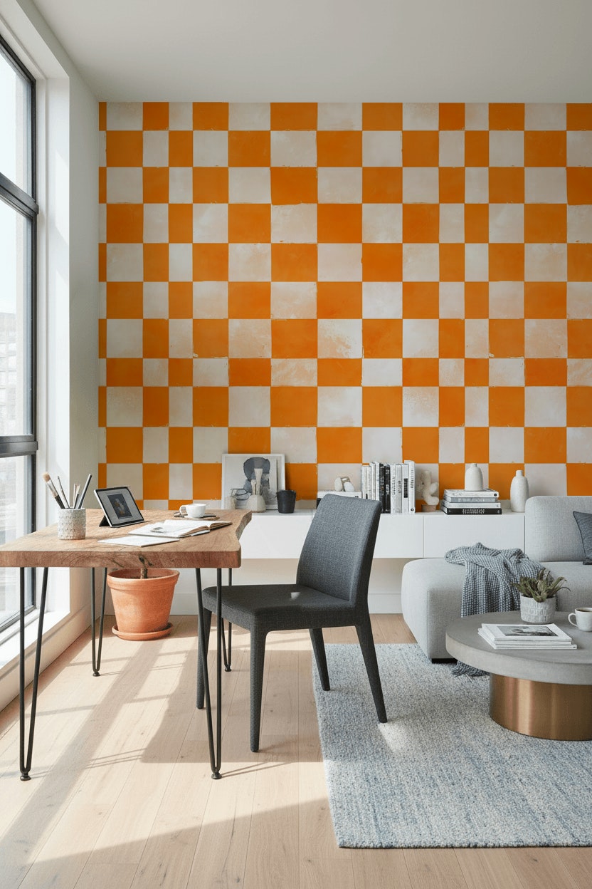 Checkered Wallpaper Orange Geometric Removable Wall Decor