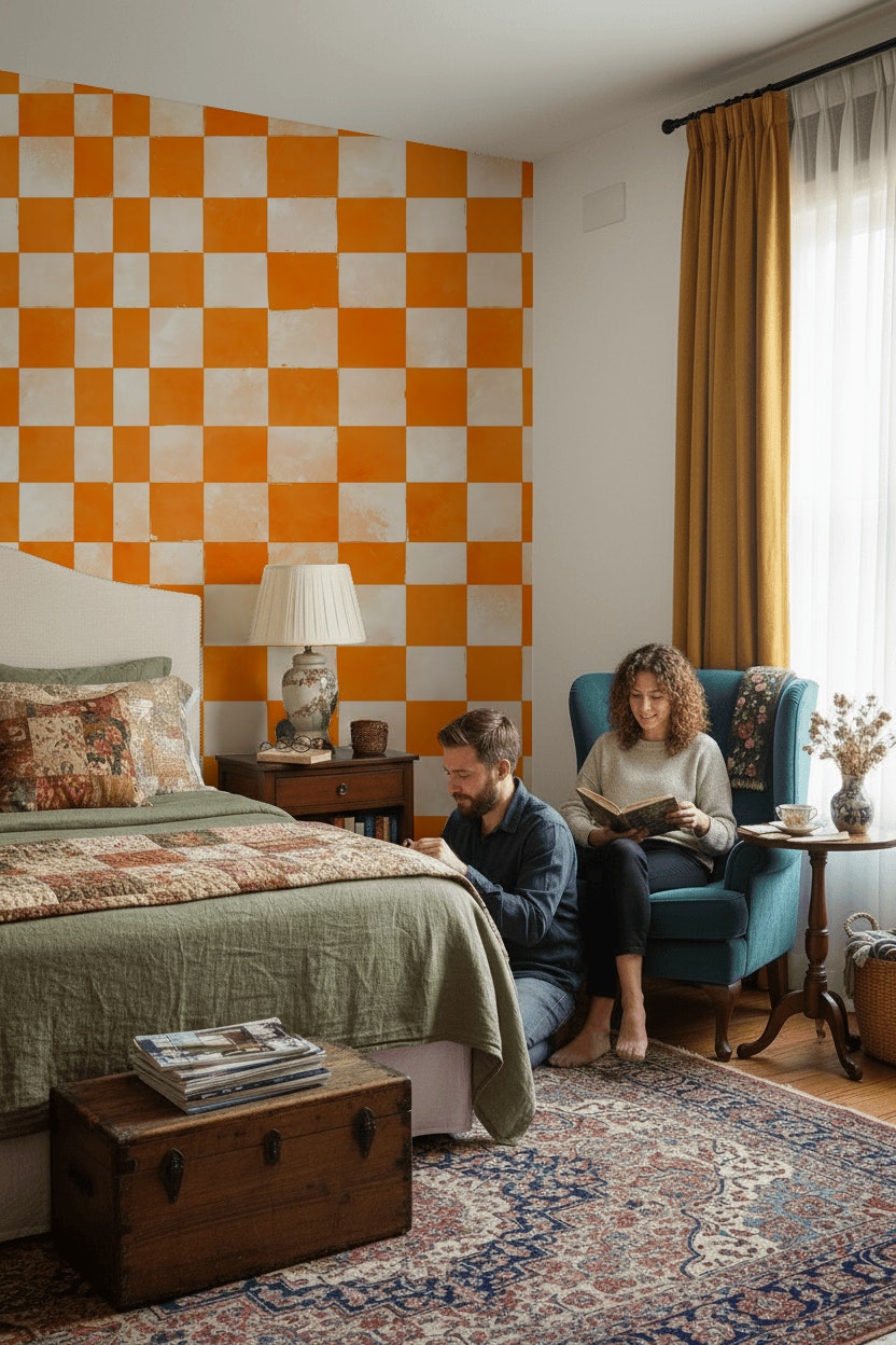 Vibrant Orange Checkered Pattern Wallpaper