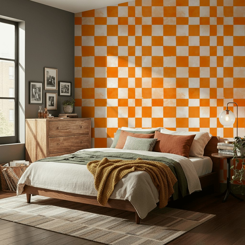 Checkered Wallpaper Orange Geometric Removable Wall Decor
