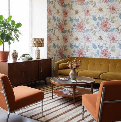 Pastel Pink and White Floral Textured Wallpaper