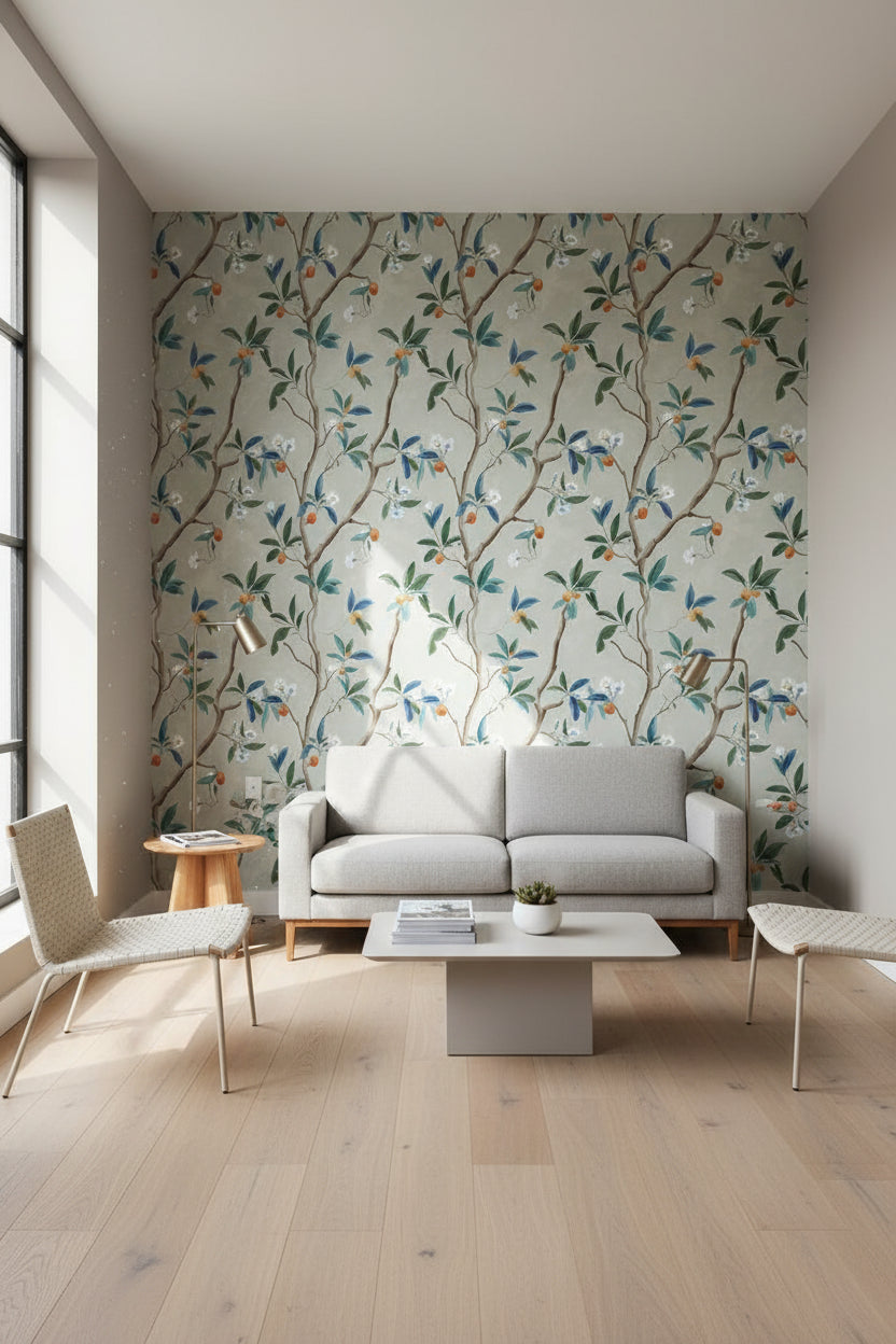 Beige Botanical Branch and Blossom Wallpaper