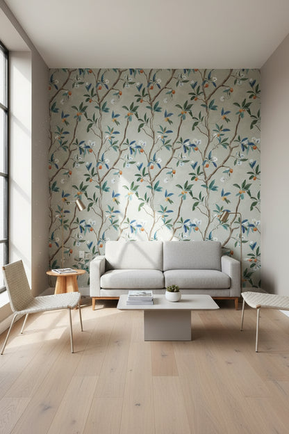 Beige Botanical Branch and Blossom Wallpaper