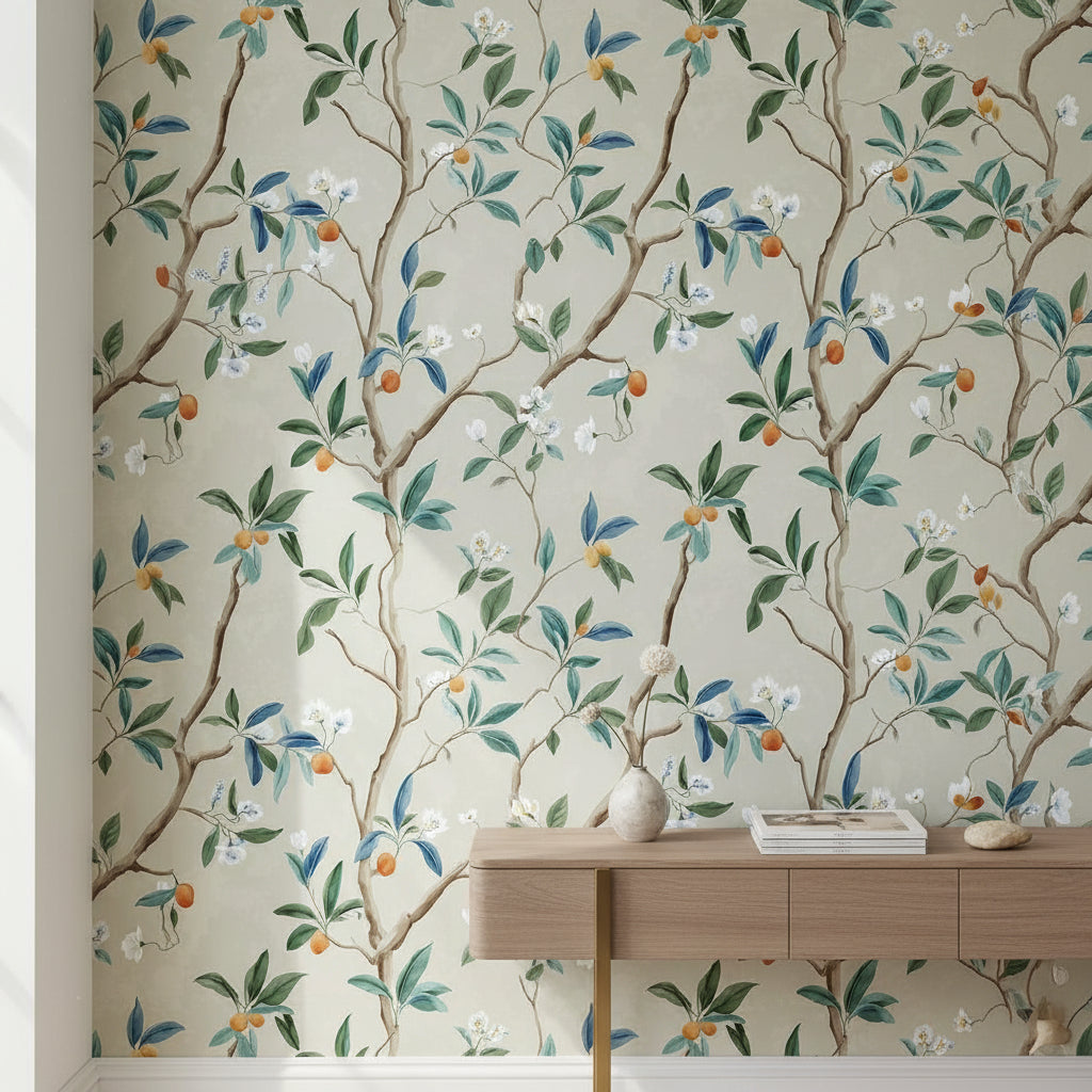 Beige Botanical Branch and Blossom Wallpaper