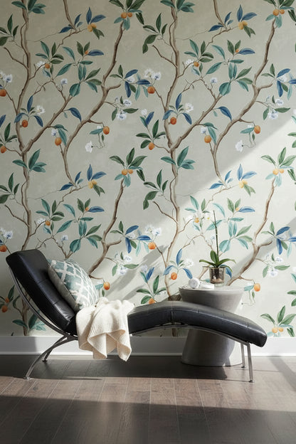 Beige Botanical Branch and Blossom Wallpaper