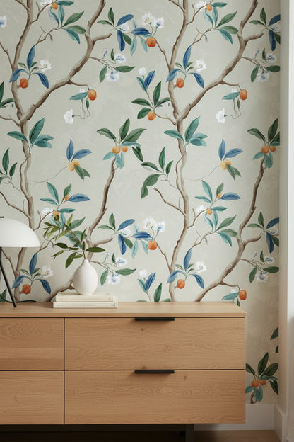 Beige Botanical Branch and Blossom Wallpaper