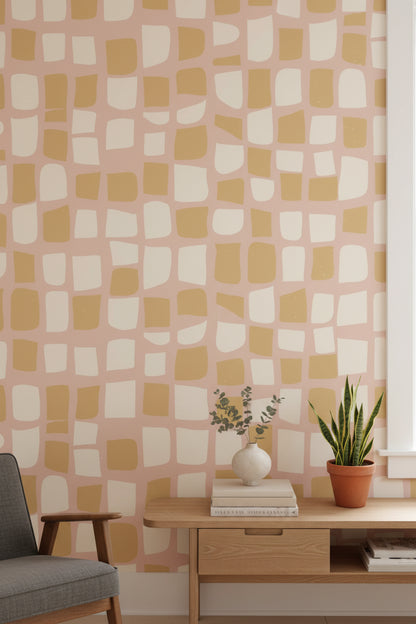 Soft Blush Grid Abstract Pattern Wallpaper