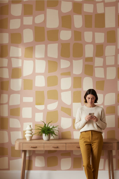 Soft Blush Grid Abstract Pattern Wallpaper