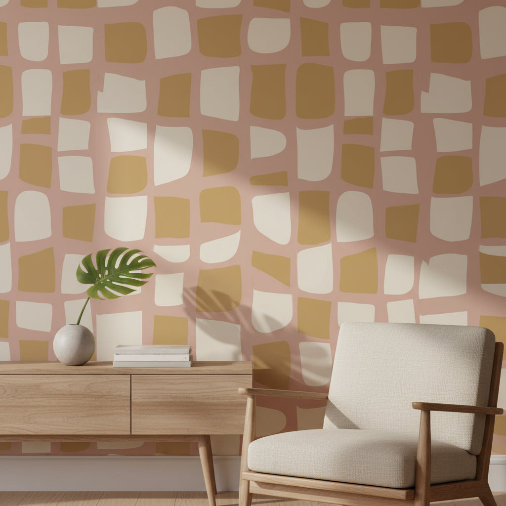 Soft Blush Grid Abstract Pattern Wallpaper