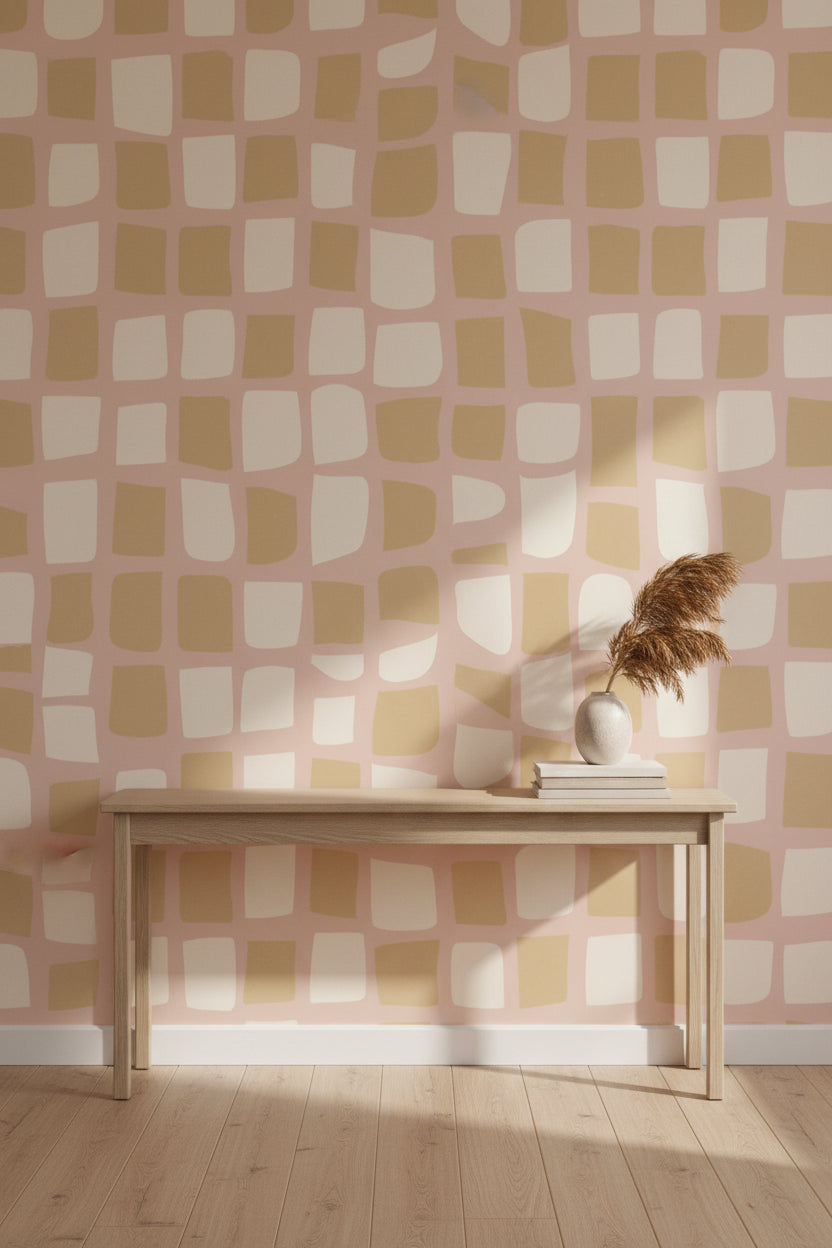 Soft Blush Grid Abstract Pattern Wallpaper