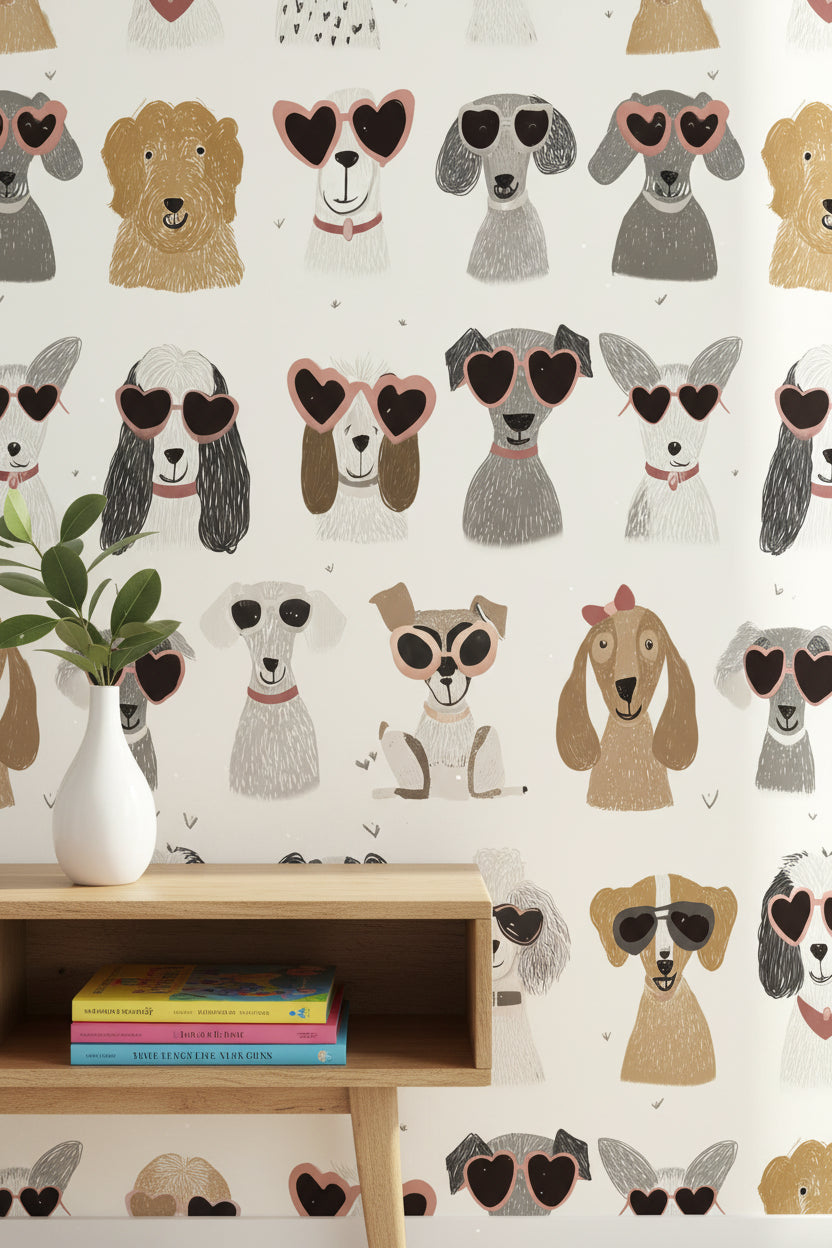 Cream Playful Dogs with Sunglasses Wallpaper