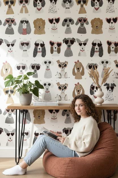 Cream Playful Dogs with Sunglasses Wallpaper