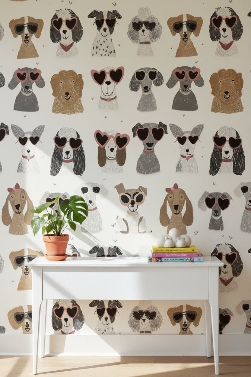 Cream Playful Dogs with Sunglasses Wallpaper