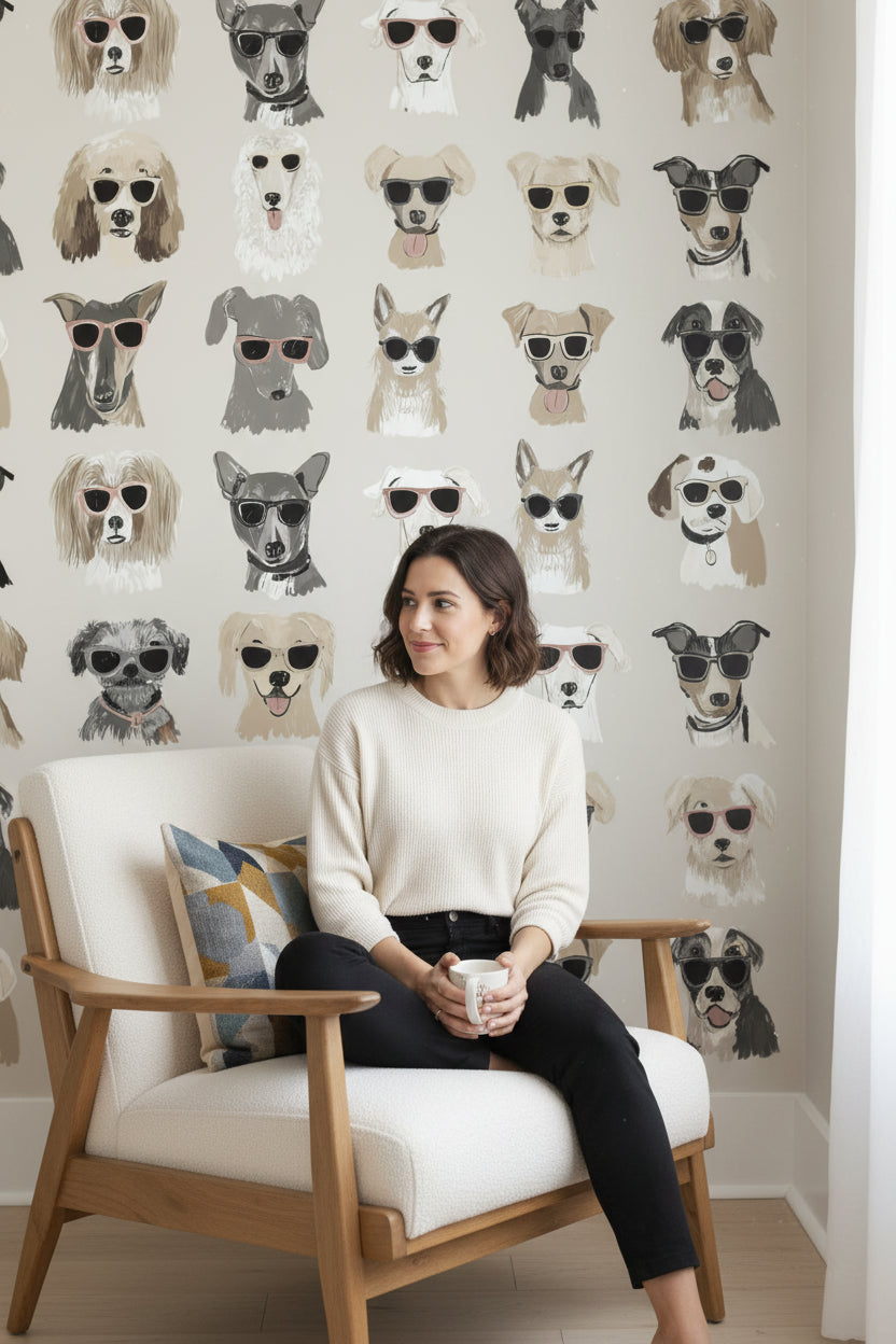Beige Playful Sunglasses Dog Wallpaper