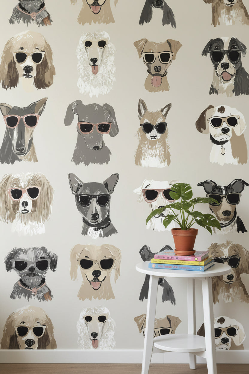 Beige Playful Sunglasses Dog Wallpaper