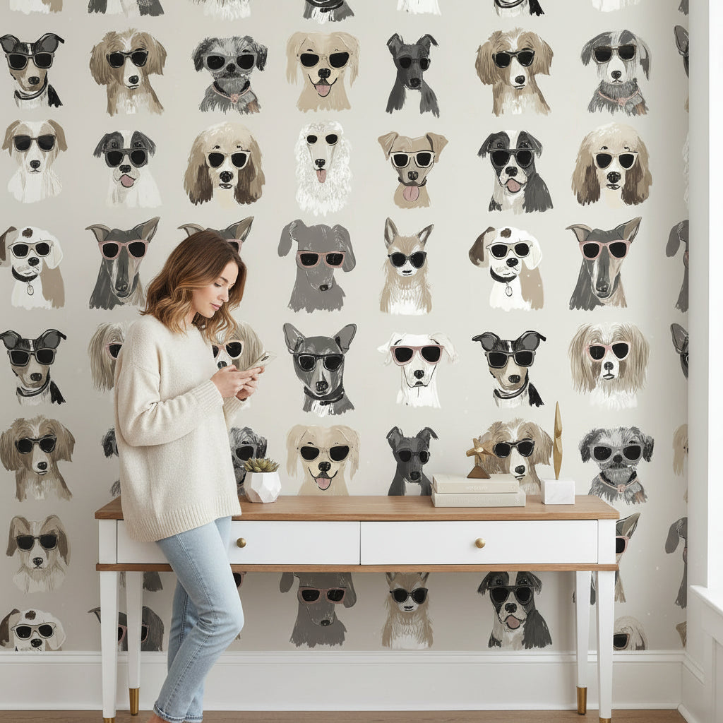 Beige Playful Sunglasses Dog Wallpaper