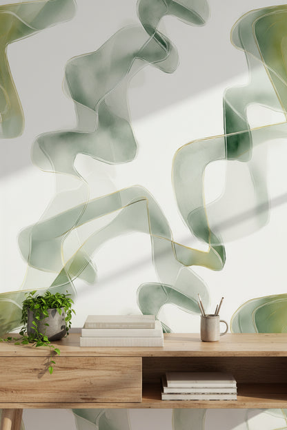 White and Sage Green Abstract Swirl Wallpaper
