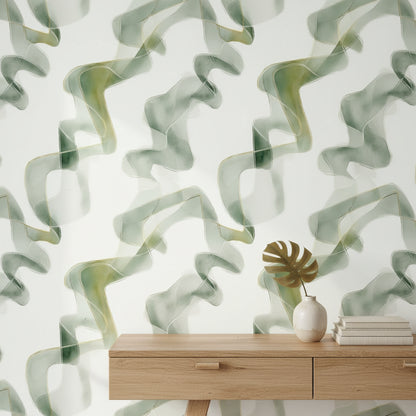 White and Sage Green Abstract Swirl Wallpaper