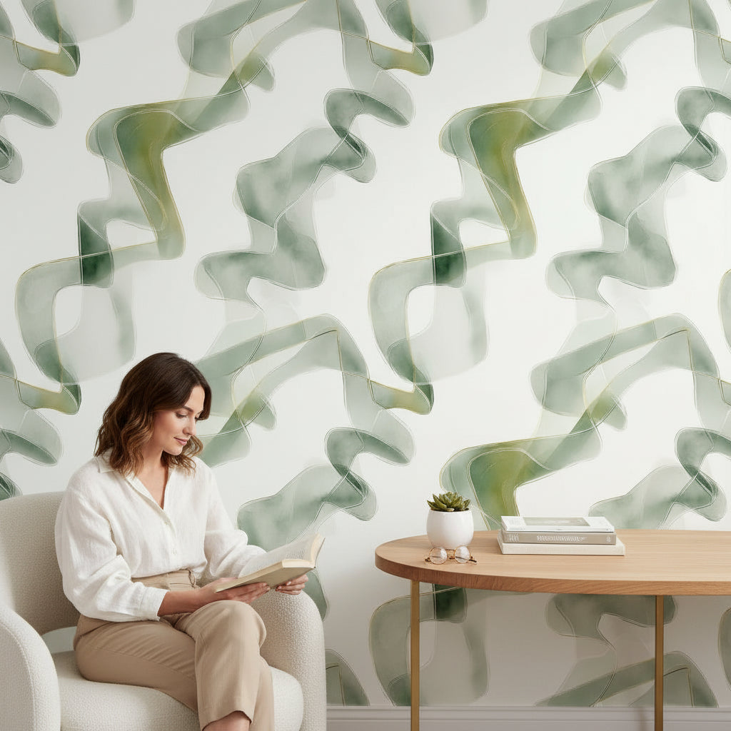 White and Sage Green Abstract Swirl Wallpaper