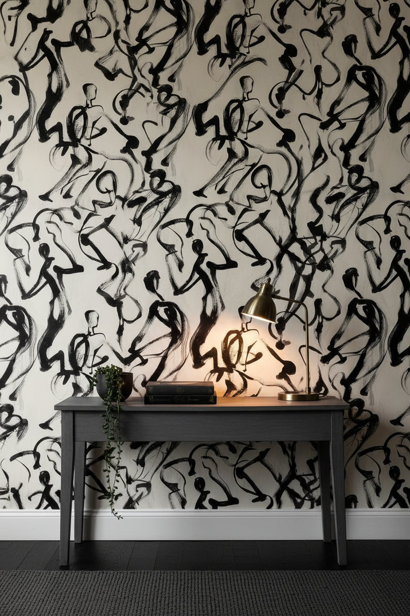 White and Black Abstract Brushstroke Wallpaper