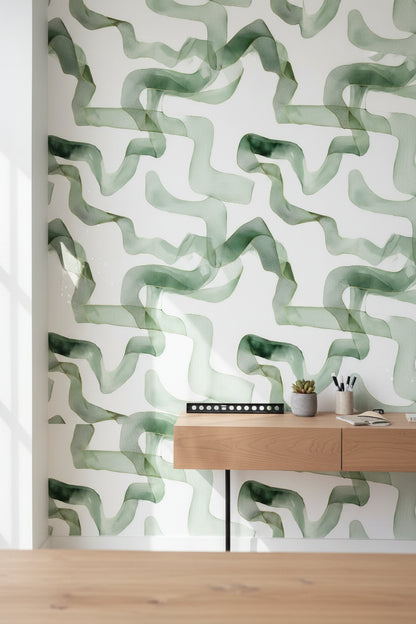 White and Sage Green Abstract Ribbon Wallpaper