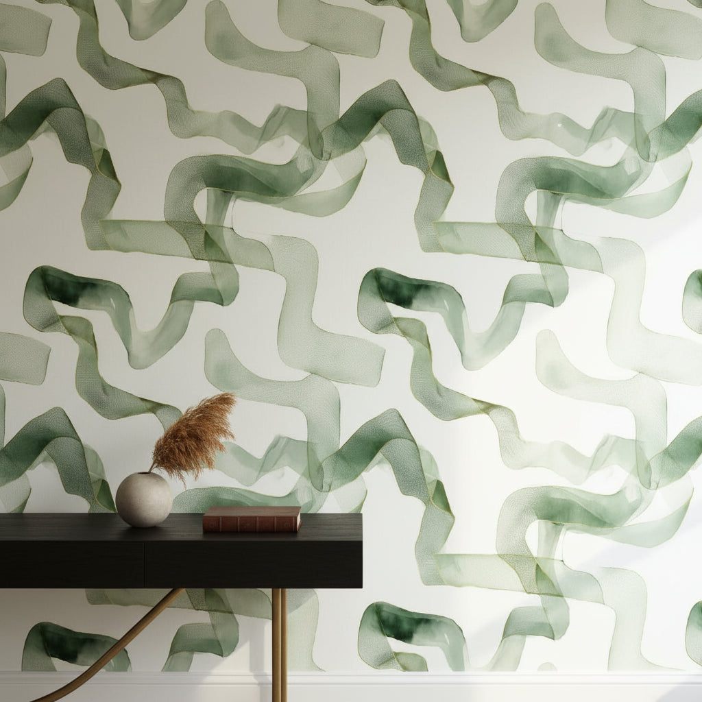 White and Sage Green Abstract Ribbon Wallpaper