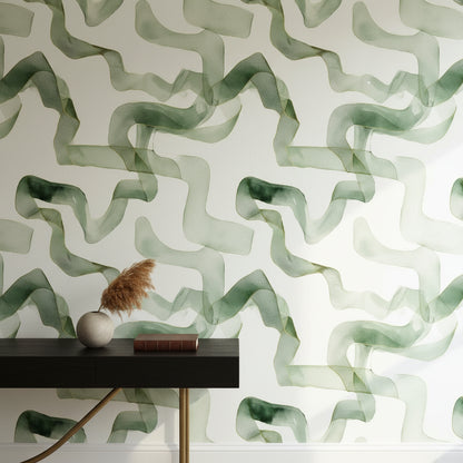 White and Sage Green Abstract Ribbon Wallpaper