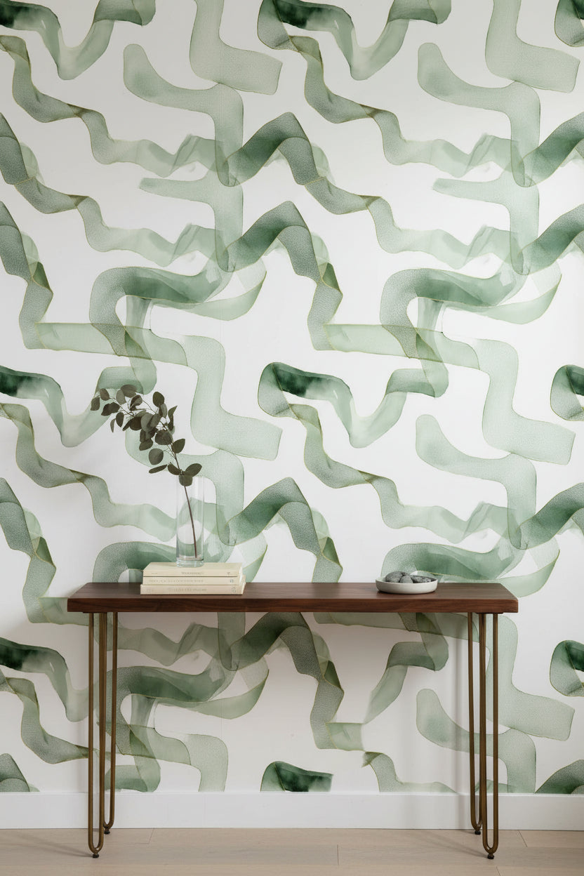 White and Sage Green Abstract Ribbon Wallpaper
