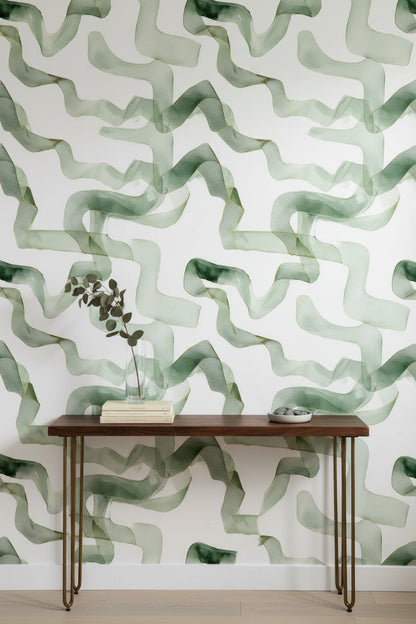 White and Sage Green Abstract Ribbon Wallpaper