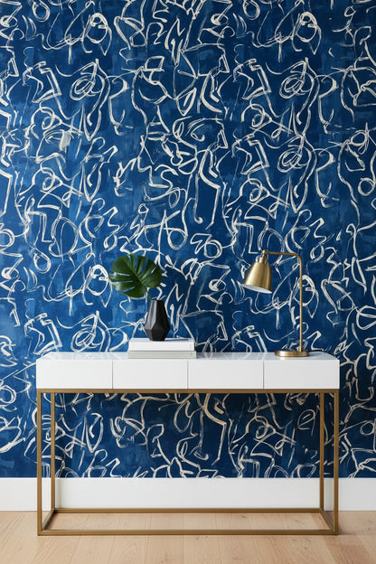 Navy Blue Abstract Scribble Pattern Wallpaper