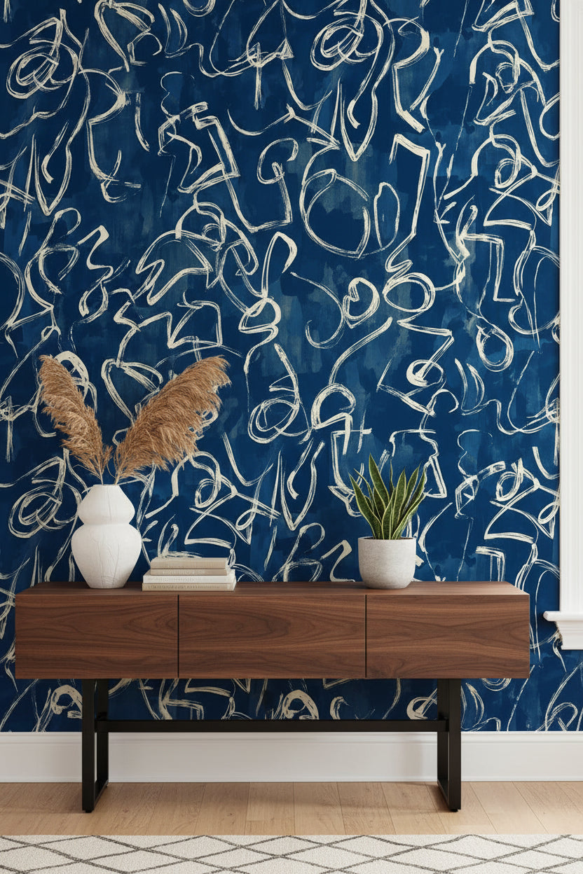 Navy Blue Abstract Scribble Pattern Wallpaper